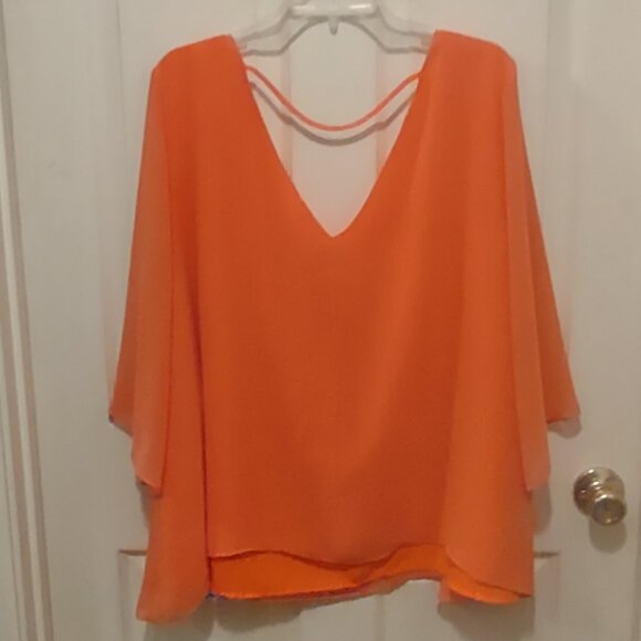 NWOT Women's Bisou Bisou Orange Sheer Lined Blouse 3/4 Sheer Sleeve 3X V-Neck - Picture 2 of 7